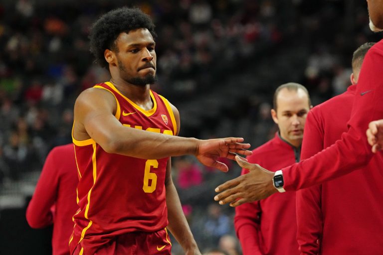 USC Trojans guard Bronny James (6) returns to the bench in a game against the Washington Huskies during the second half at T-Mobile Arena.