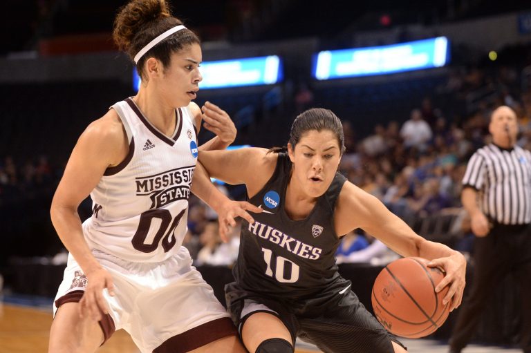 Washington Huskies guard Kelsey Plum (10) fights for position with Mississippi State Lady Bulldogs guard Dominique Dillingham (00) during the second quarter in the semifinals of the Oklahoma City Regional of the women's 2017 NCAA Tournament at Chesapeake Energy Arena.