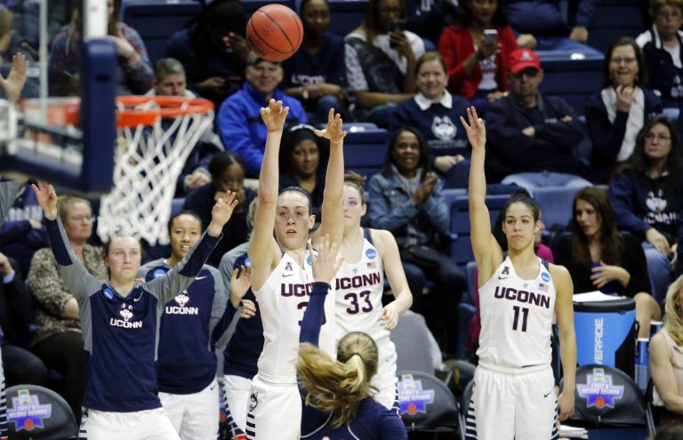Connecticut Huskies forward Breanna Stewart (30) shoots for three points against Duquesne Dukes forward Kadri-Ann Lass (42) during the second half in the second round of the 2016 women's NCAA Tournament at Gampel Pavilion. UConn defeated Duquesne 97-51.