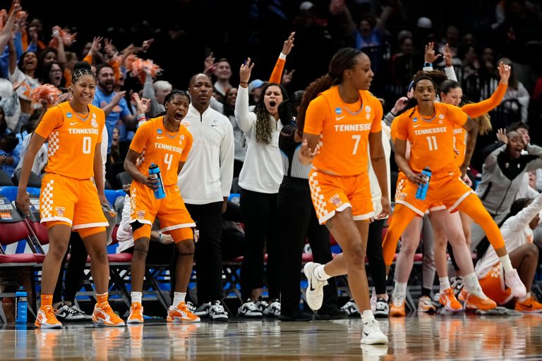 Tennessee Lady Vols react to a three pointer by guard Samara Spencer (7) during the second round of the women's NCAA Tournament against the Ohio State Buckeyes at Value City Arena in Columbus on March 23, 2025. Ohio State lost 82-67.
