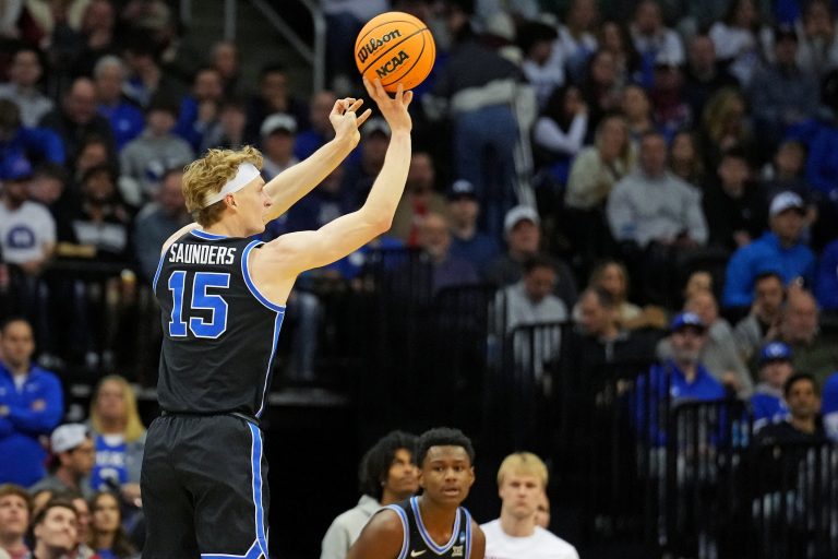 Brigham Young Cougars forward Richie Saunders (15) shoots the ball during the first half against the Alabama Crimson Tide during an East Regional semifinal of the 2025 NCAA tournament at Prudential Center.