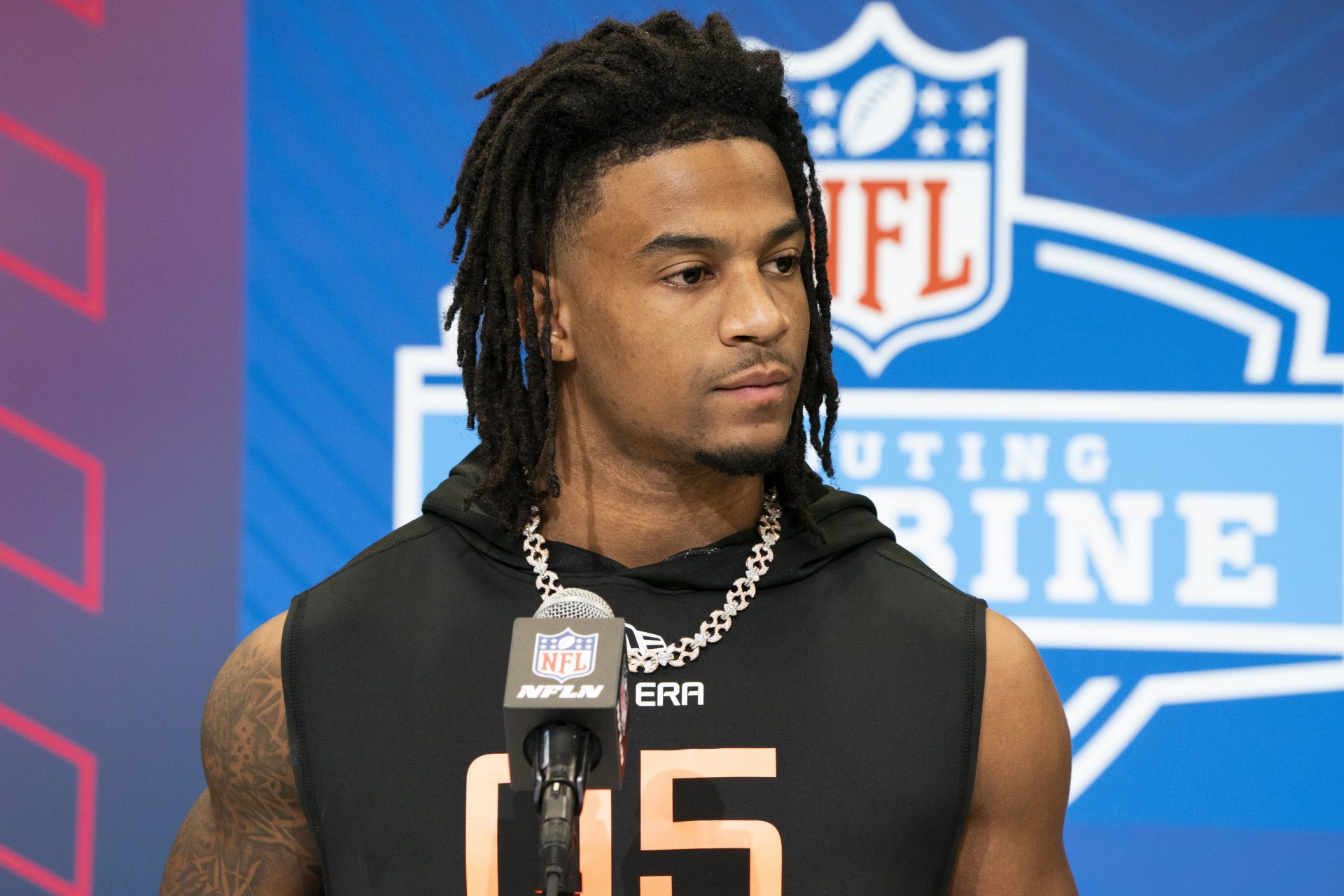 Texas wideout Isaiah Bond (WO05) answers questions at a press conference during the 2025 NFL Combine at Indiana Convention Center.