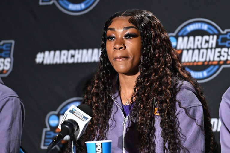 Lady Tigers forward Aneesah Morrow talks with media during an NCAA Tournament practice session at Spokane Arena.