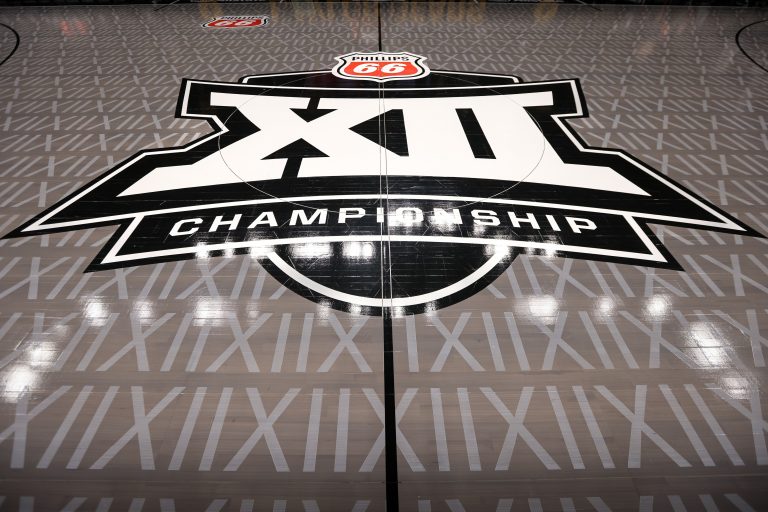Big 12 logo center court prior to the game between the Cincinnati Bearcats and the Oklahoma State Cowboys at T-Mobile Center.