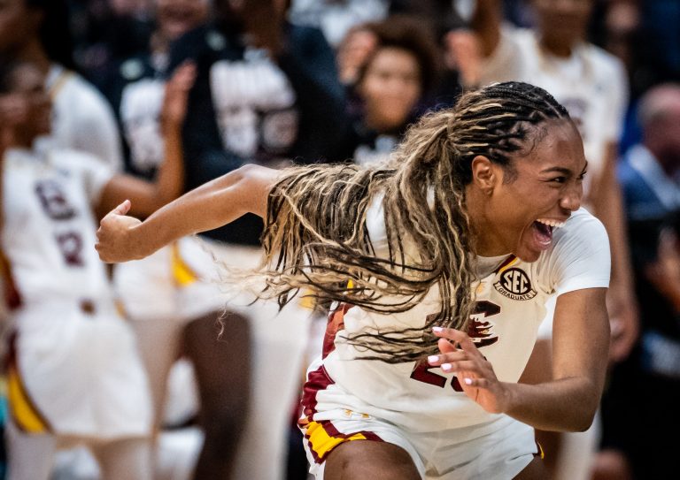 South Carolina Gamecocks guard Bree Hall (23) reacts to scoring three points half of the Longhorns' NCAA Playoff semi-final game against the South Carolina Gamecocks