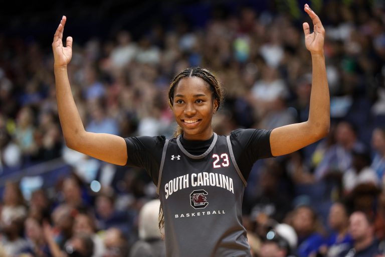 South Carolina Gamecocks guard Bree Hall (23) participates in practice before the NCAA Woman’s Basketball final at Amalie Arena.