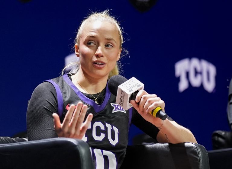 TCU Horned Frogs guard Hailey Van Lith (10) talks to media during Big 12 Women’s Basketball Media Day at T-Mobile Center.