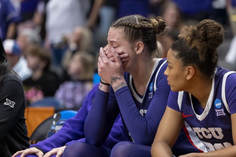 TCU Horned Frogs center Sedona Prince (13) reacts near the end of a loss to the Texas Longhorns during the second half of an Elite 8 NCAA Tournament game at Legacy Arena.