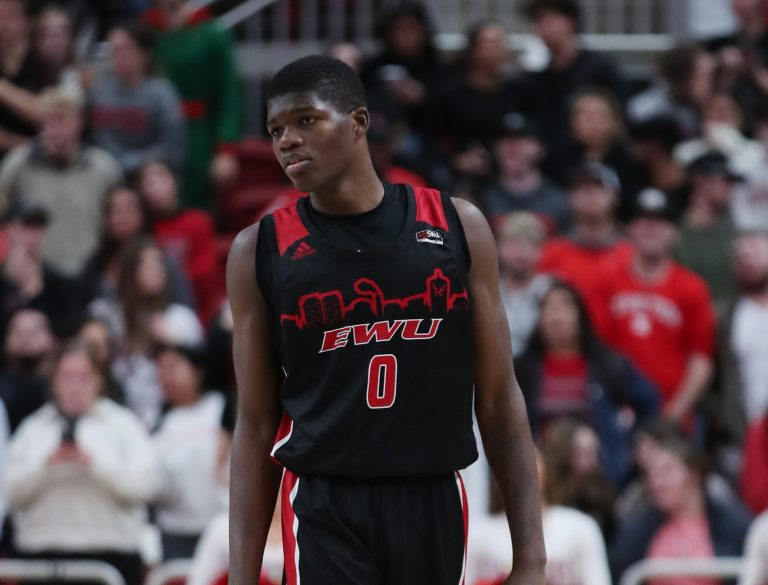 Eastern Washington Eagles forward Cedric Coward (0) reacts in the second half during the game against the Texas Tech Red Raiders at United Supermarkets Arena.