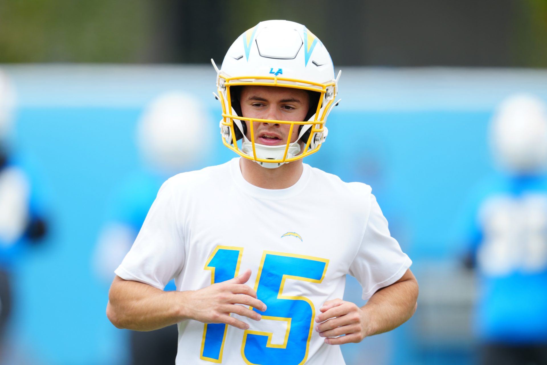 Los Angeles Chargers receiver Ladd McConkey (15) during organized team activities
