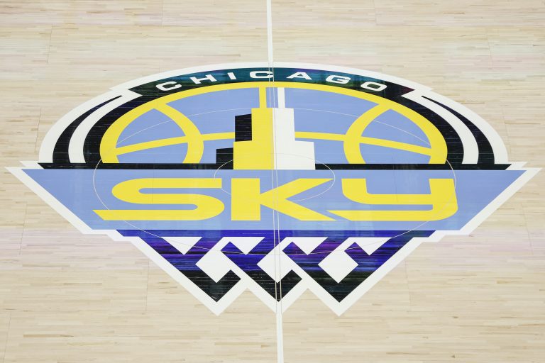 Chicago Sky logo is seen on the court before Game 2 of the first round of the WNBA playoffs between the Chicago Sky and New York Liberty at Wintrust Arena.