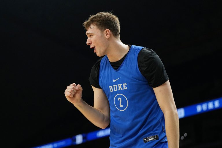 Duke Blue Devils guard Cooper Flagg (2) during a practice session for the Final Four of the 2025 NCAA tournament at Alamodome.