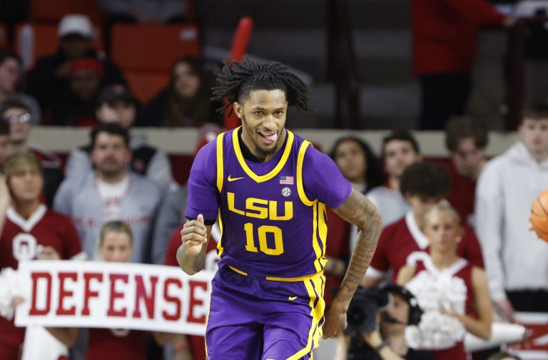 LSU Tigers forward Daimion Collins (10) reacts after scoring against the Oklahoma Sooners during the second half at Lloyd Noble Center.