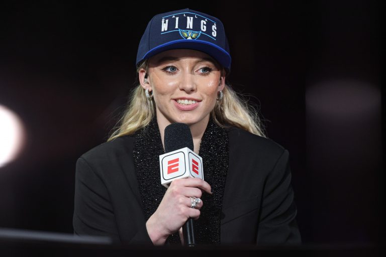 Paige Bueckers is interviewed by ESPN after being selected with the number one overall pick to the Dallas Wings in the 2025 WNBA Draft at The Shed at Hudson Yards.