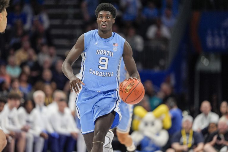 North Carolina Tar Heels guard Drake Powell (9) during the first half against the Duke Blue Devils at Spectrum Center.