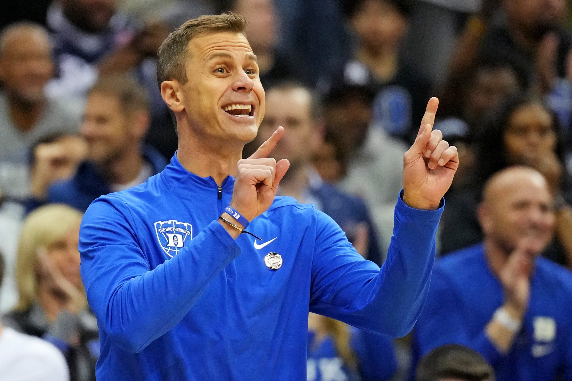 Duke Blue Devils head coach Jon Scheyer calls to his team during the first half against the Alabama Crimson Tide in the East Regional final of the 2025 NCAA tournament at Prudential Center.