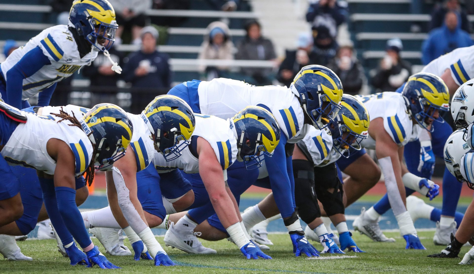 The Delaware extra point defense lines up against Villanova after a score in the first quarter at Villanova Stadium in the Wildcats' 38-28 win, Saturday, Nov. 23, 2024.