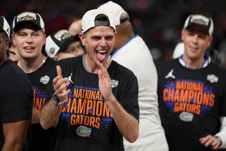 Florida Gators head coach Todd Golden celebrates after winning the national championship game of the Final Four of the 2025 NCAA Tournament at the Alamodome.