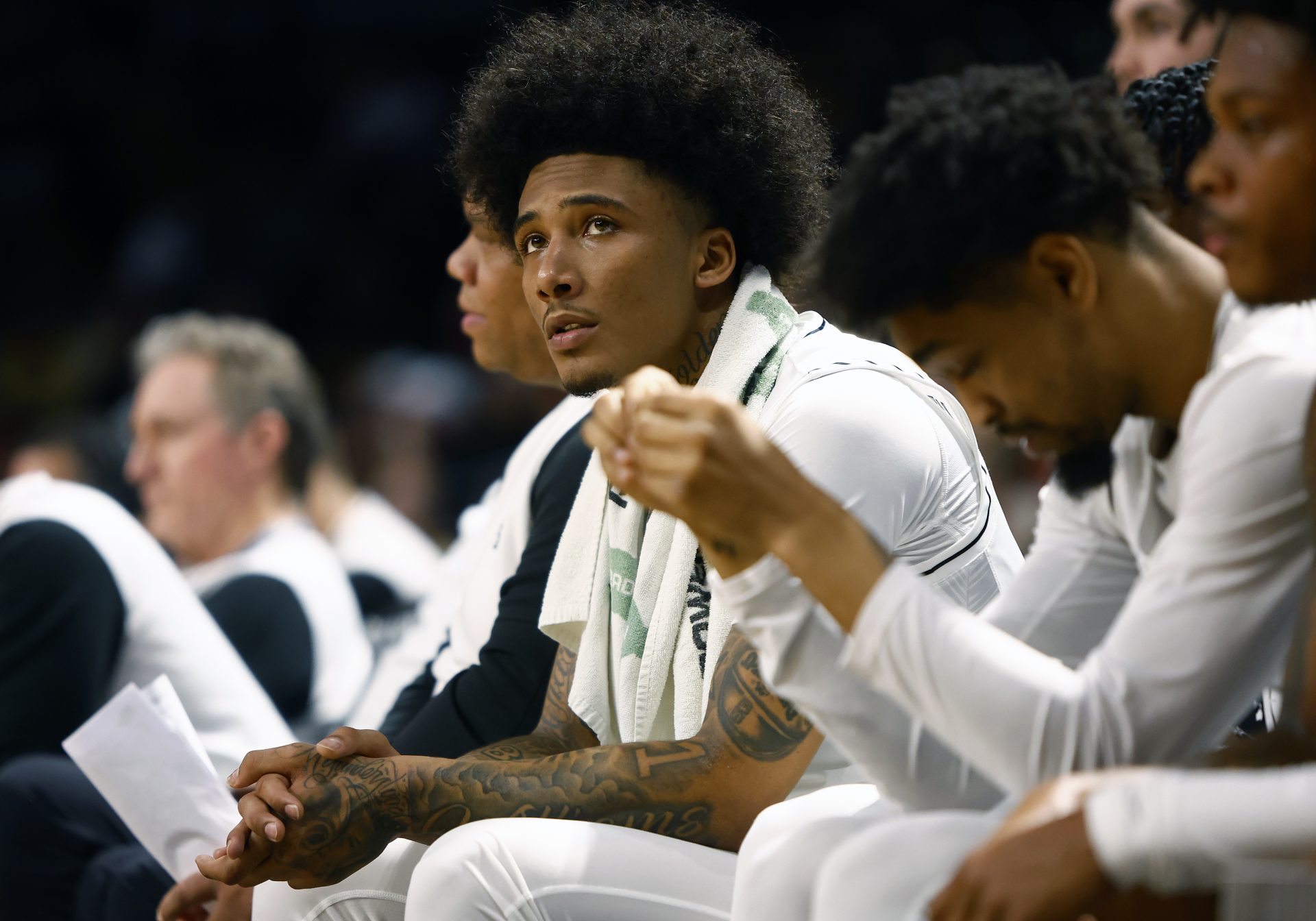 Central Florida Knights guard Mikey Williams (1) sits on the bench in the game against the Iowa State Cyclones at Addition Financial Arena.