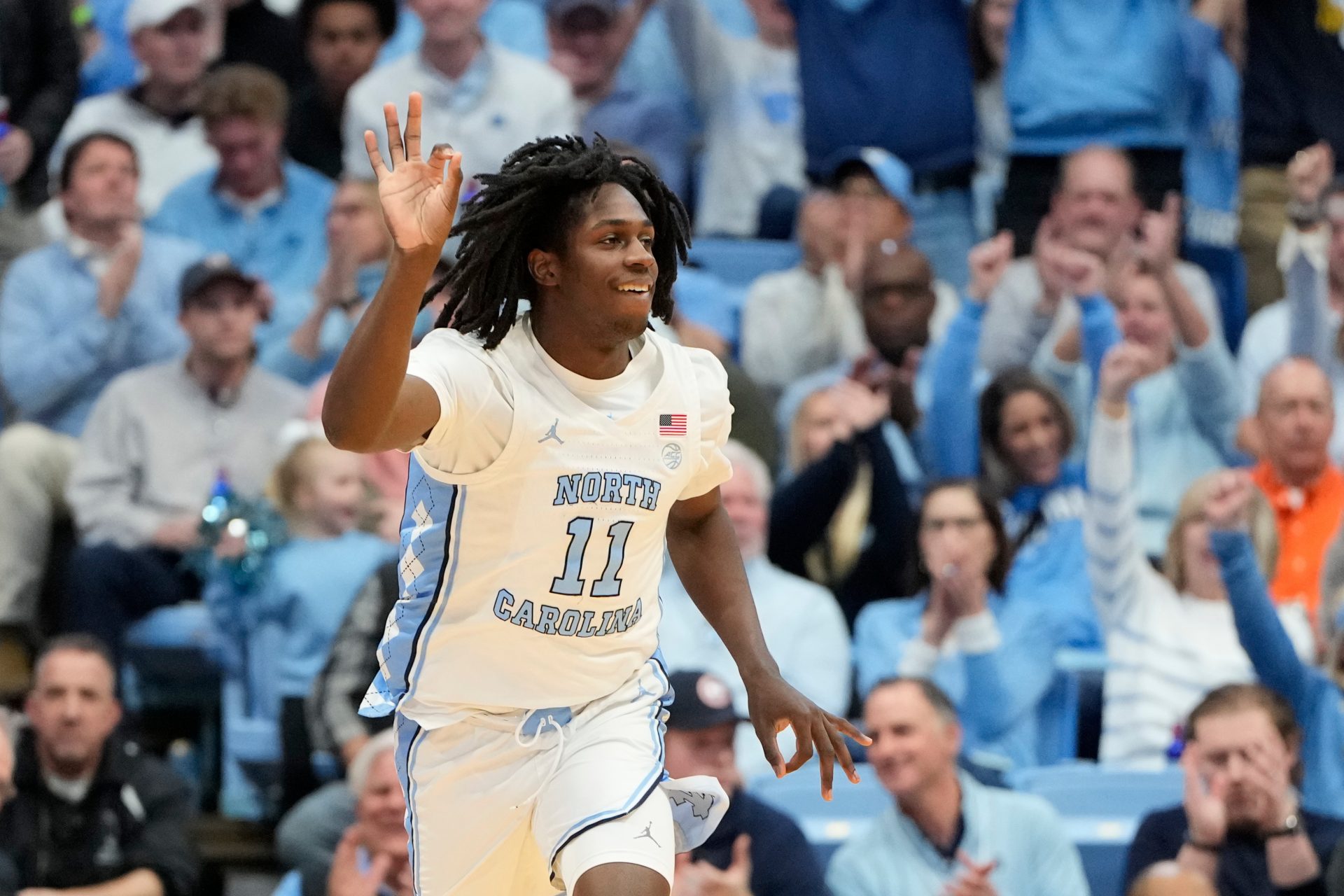 North Carolina Tar Heels guard Ian Jackson (11) reacts after hitting a three point shot in the first half at Dean E. Smith Center.