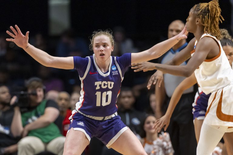 TCU Horned Frogs guard Hailey Van Lith (10) defends against the Texas Longhorns during the second half of an Elite 8 NCAA Tournament basketball game at Legacy Arena.