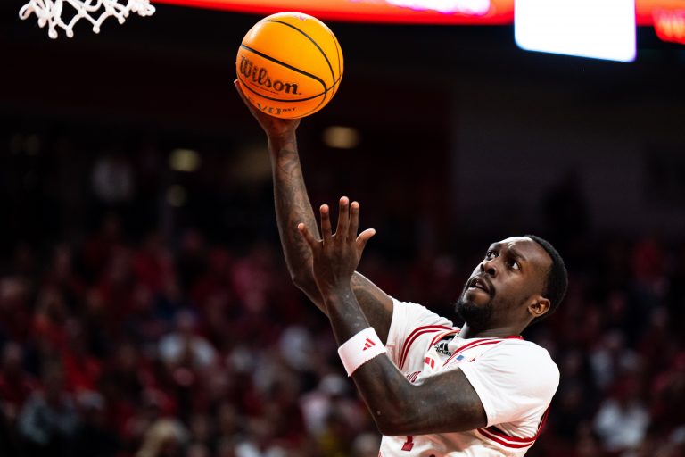 Nebraska Cornhuskers forward Juwan Gary (4) shoots the ball against the Iowa Hawkeyes during the first half at Pinnacle Bank Arena.