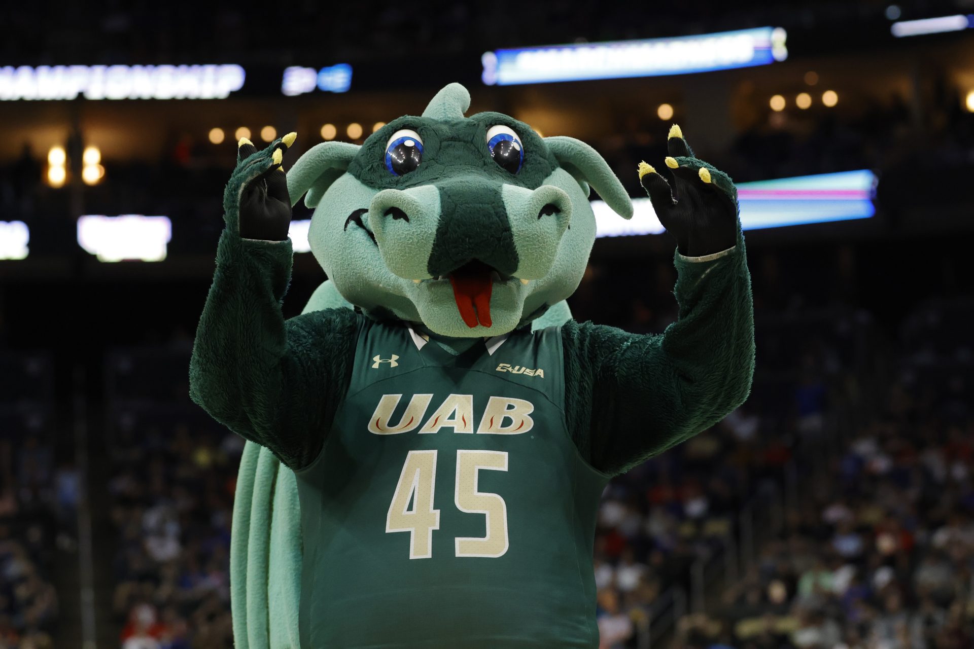 The mascot for the UAB Blazers performs in the first half against the Houston Cougars during the first round of the 2022 NCAA Tournament at PPG Paints Arena.