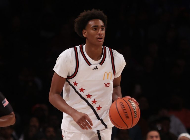 McDonald's All American West guard Alijah Arenas (16) dribbles the ball during the first half of the game McDonald's All American East at Barclays Center.