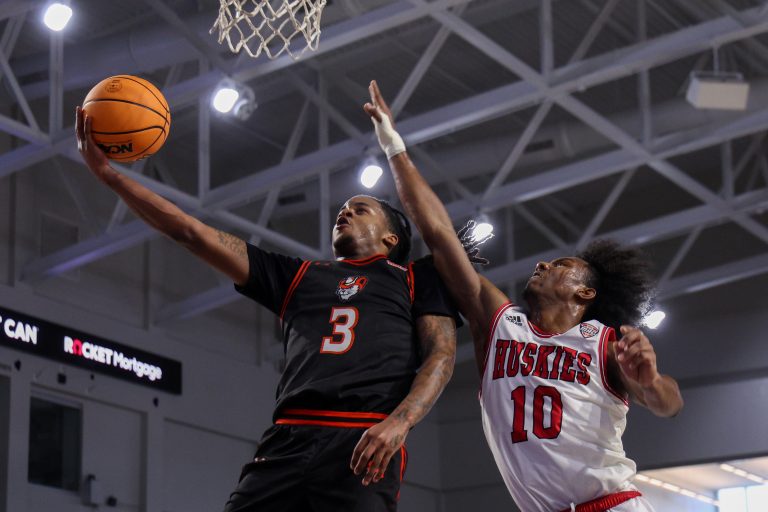 Sam Houston State Bearkats guard Lamar Wilkerson (3) drives to the basket past Northern Illinois Huskies guard Zion Russell (10) in the first half during the Fort Myers Tip-Off at Suncoast Credit Union Arena.