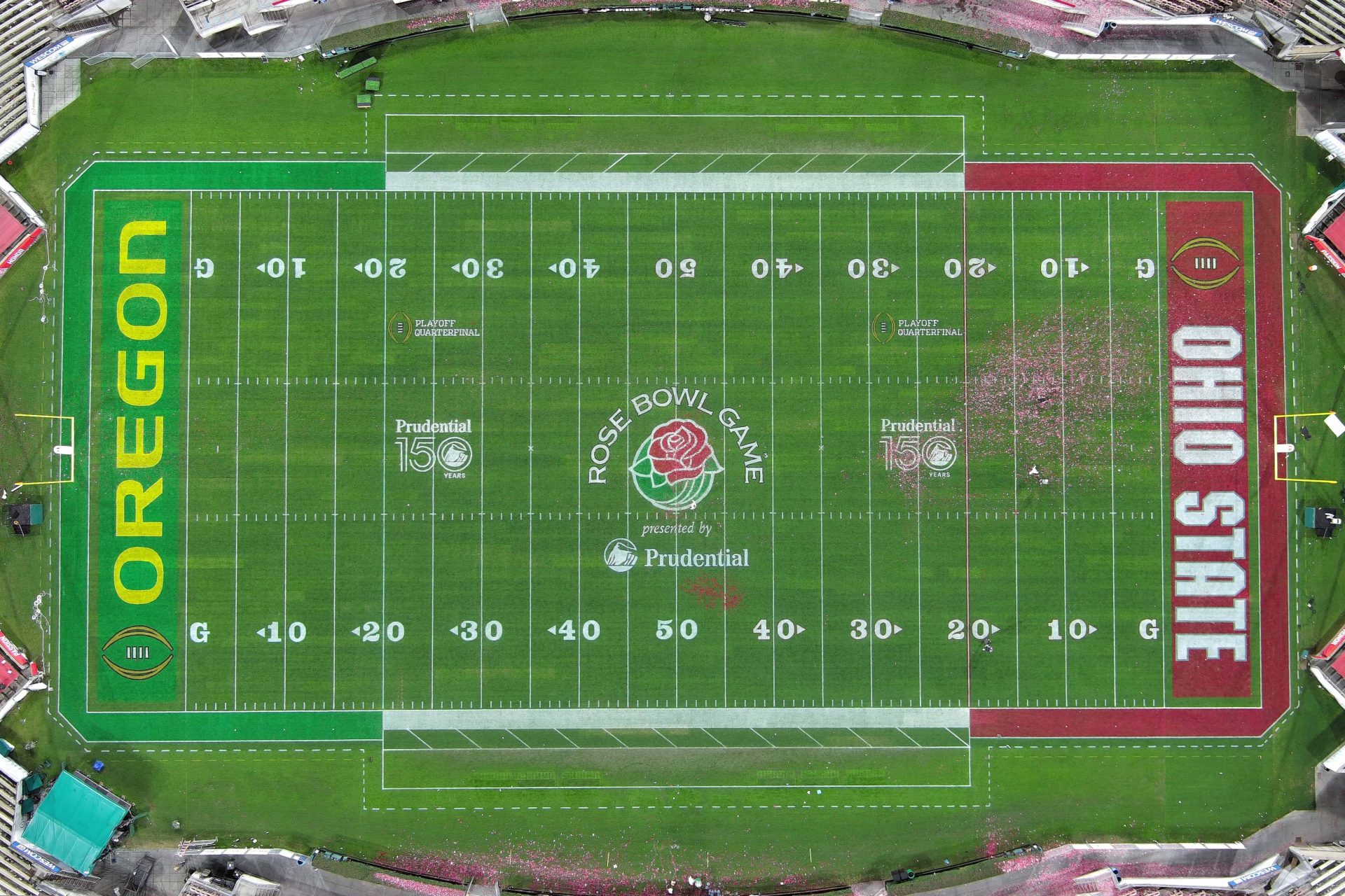 A general overall aerial view of the Ohio State Buckeyes and Oregon Ducks and Rose Bowl logos on the football field at Rose Bowl Stadium.