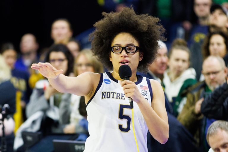 Notre Dame guard Olivia Miles addresses the crowd after winning the second round of the NCAA Women's Basketball Tournament