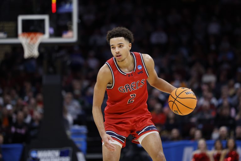 St. Mary's Gaels guard Jordan Ross (2) dribbles in the first half against the Alabama Crimson Tide during the NCAA Tournament Second Round at Rocket Arena.