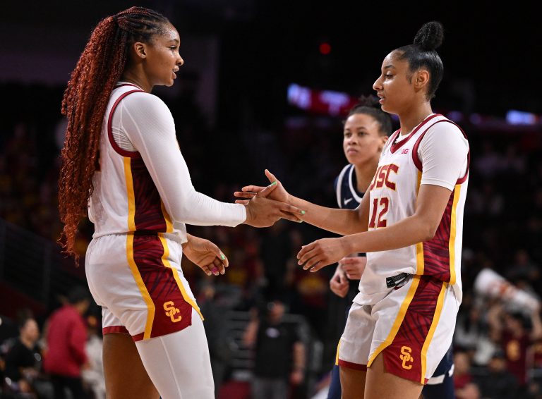 USC Trojans forward Kiki Iriafen (left) and USC Trojans guard JuJu Watkins (12) during the closing minutes of the Trojans win over the Penn State Nittany Lions at Galen Center.