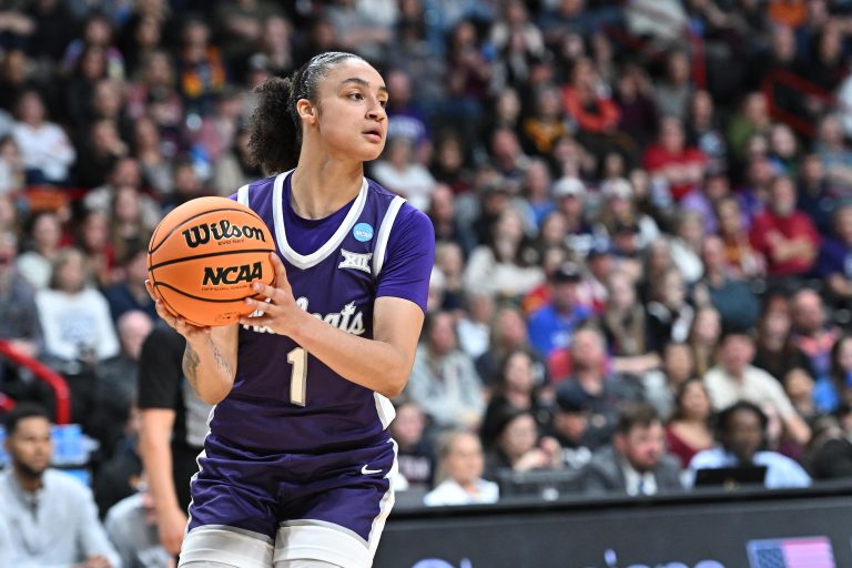 Kansas State Wildcats guard Zyanna Walker (1) rebounds against the USC Trojans during the second half of a Sweet 16 NCAA Tournament basketball game against the Kansas State Wildcats at Spokane Arena.