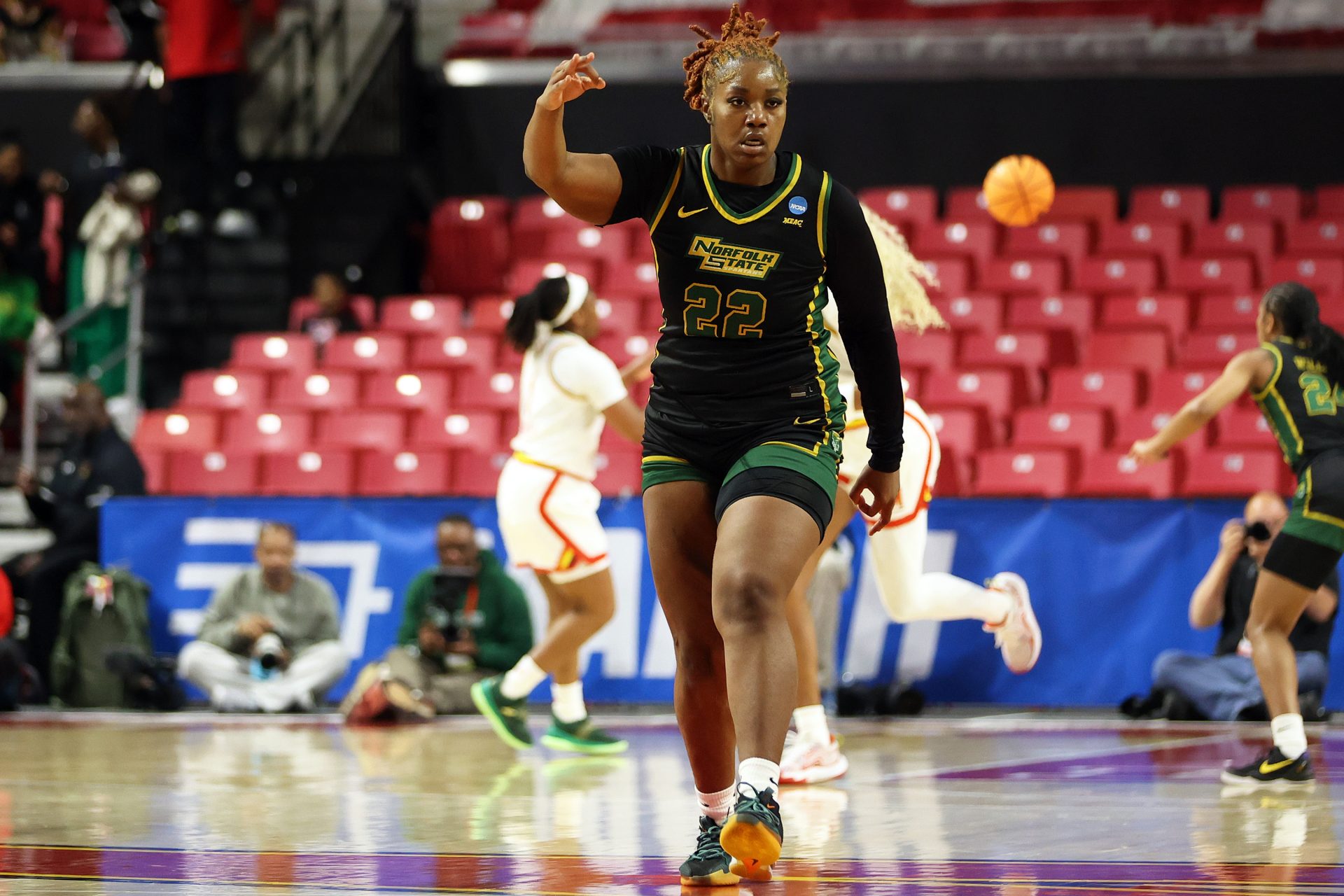 Norfolk State Spartans forward Kierra Wheeler (22) celebrates during the second half against the Maryland Terrapins at Xfinity Center.