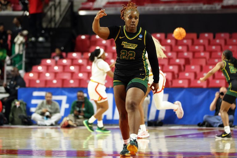 Norfolk State Spartans forward Kierra Wheeler (22) celebrates during the second half against the Maryland Terrapins at Xfinity Center.