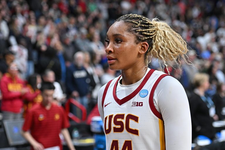 USC Trojans forward Kiki Iriafen (44) walks off the court after an Elite 8 NCAA Tournament basketball game against against the UConn Huskies at Spokane Arena.