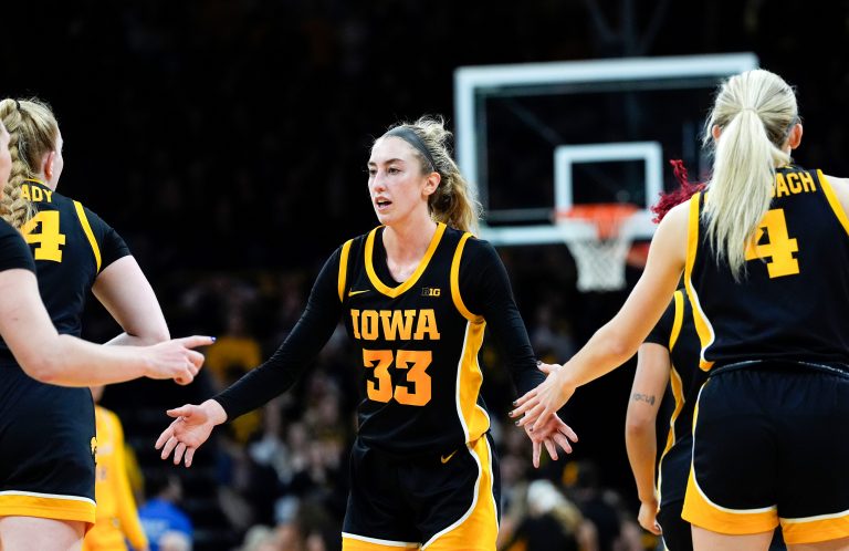 Iowa Hawkeyes guard Lucy Olsen (33) high-fives teammates while playing the USC Trojans in a Big Ten women’s basketball game