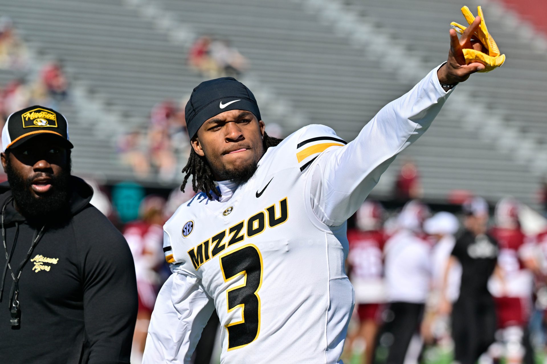 Missouri Tigers wide receiver Luther Burden III (3) warms up before a game against the Massachusetts Minutemen at Warren McGuirk Alumni Stadium.