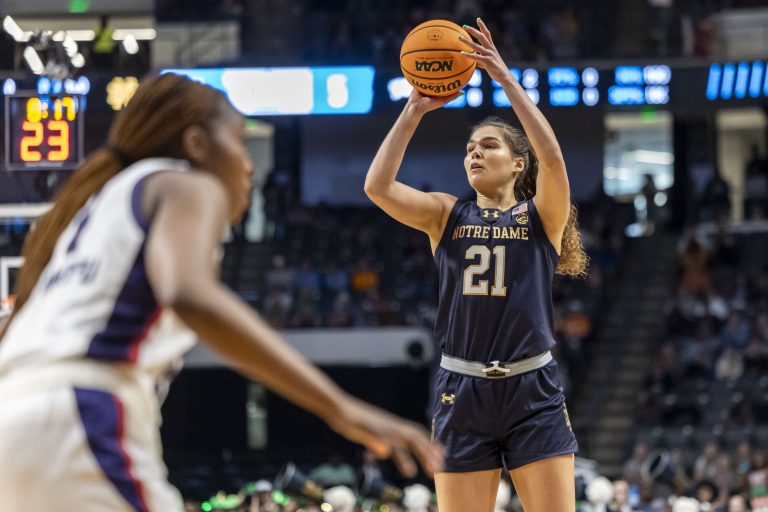 Notre Dame Fighting Irish forward Maddy Westbeld (21) shoots during the first half of a Sweet 16 NCAA Tournament basketball game against the TCU Horned Frogs at Legacy Arena.