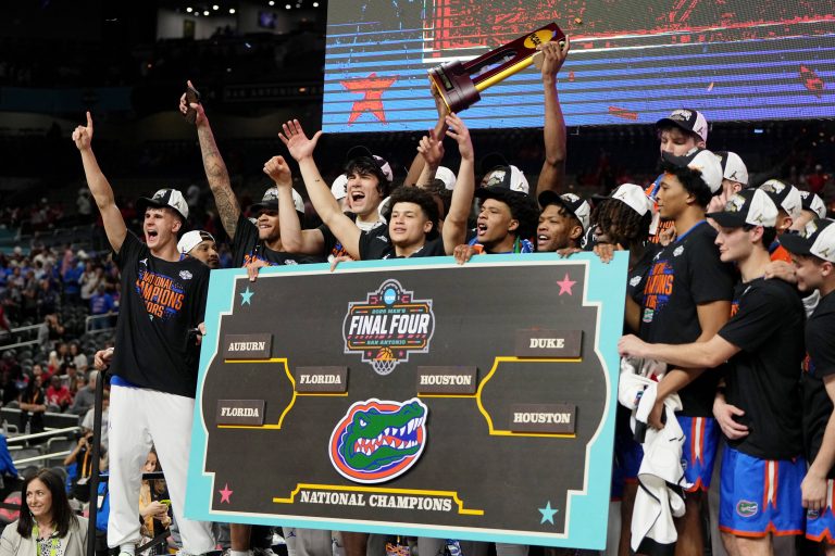 The Florida Gators celebrate after winning the national championship game of the Final Four of the 2025 NCAA Tournament at the Alamodome.