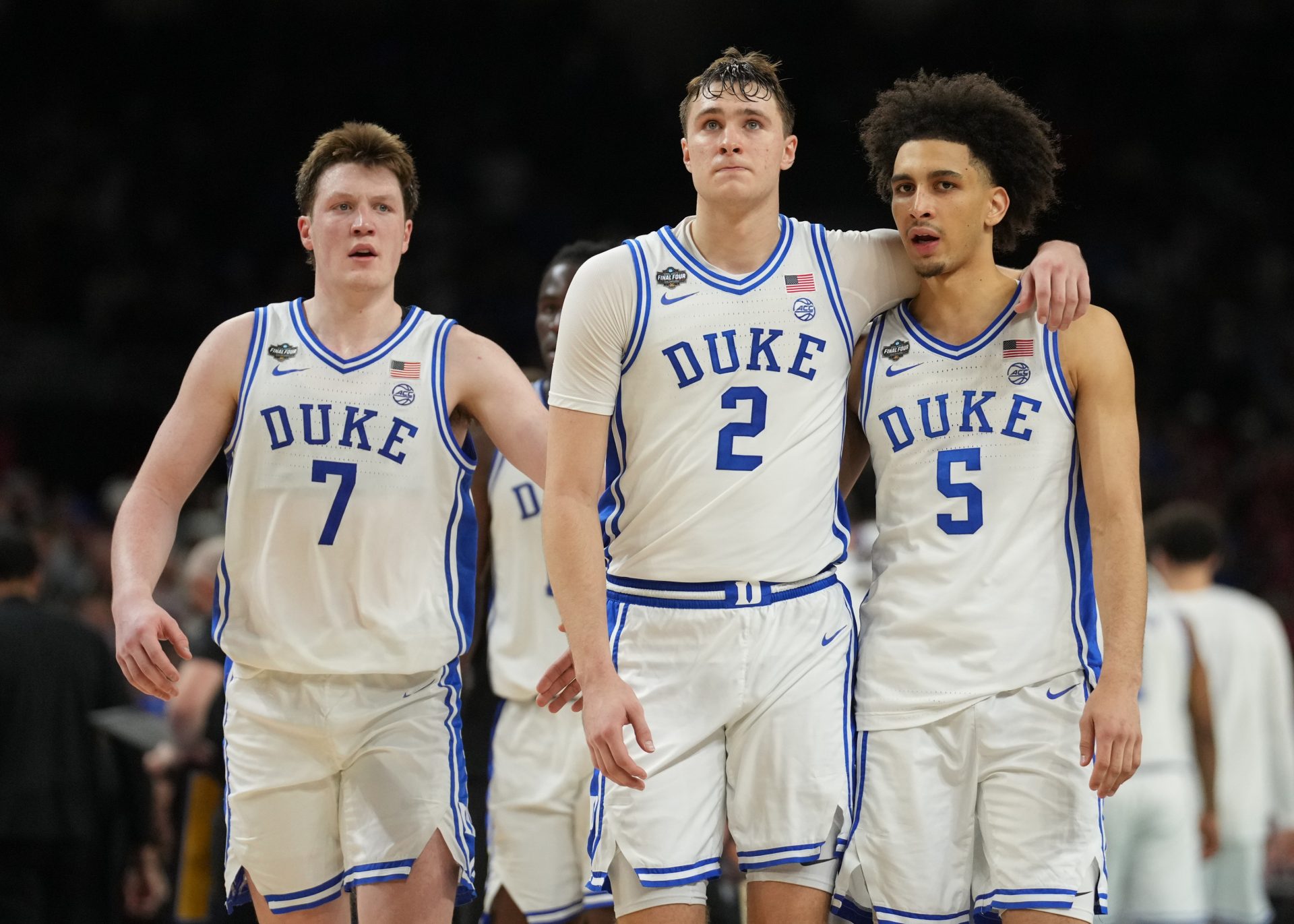 Duke Blue Devils forward Cooper Flagg (2) and Duke Blue Devils guard Tyrese Proctor (5) react against the Houston Cougars in the semifinals of the men's Final Four of the 2025 NCAA Tournament at the Alamodome.