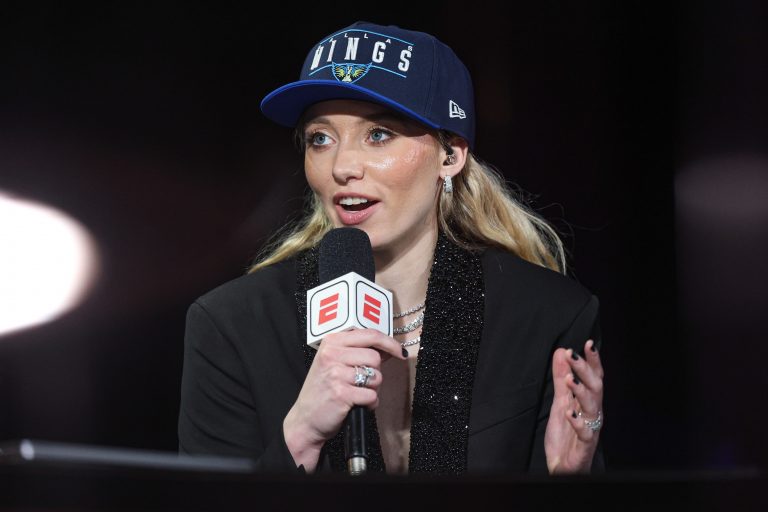 Paige Bueckers is interviewed by ESPN after being selected with the number one overall pick to the Dallas Wings in the 2025 WNBA Draft at The Shed at Hudson Yards.
