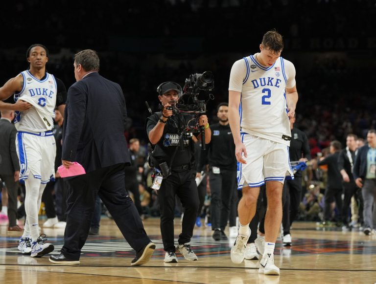 Duke Blue Devils forward Cooper Flagg (2) reacts after losing to the Houston Cougars in the semifinals of the men's Final Four of the 2025 NCAA Tournament at the Alamodome.