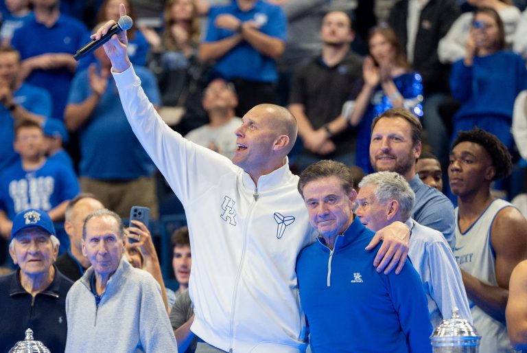 Mark Pope and Rick Pitino celebrate the upcoming basketball season during Big Blue Madness
