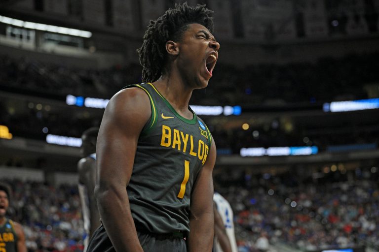 Baylor Bears guard Robert Wright III (1) reacts after a basket during the first half against the Duke Blue Devils in the second round of the NCAA Tournament at Lenovo Center.