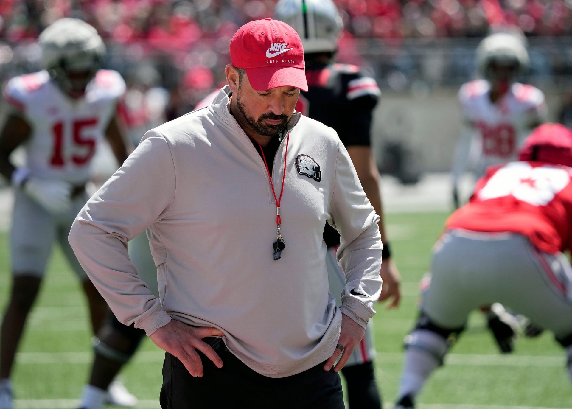 Ohio State Buckeye head coach Ryan Day looks away from the field of play after a dropped pass in the 2nd half during the spring game