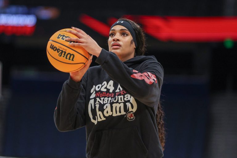 South Carolina Gamecocks center Sakima Walker (35) practices before the NCAA Woman’s Final Four at Amalie Arena.