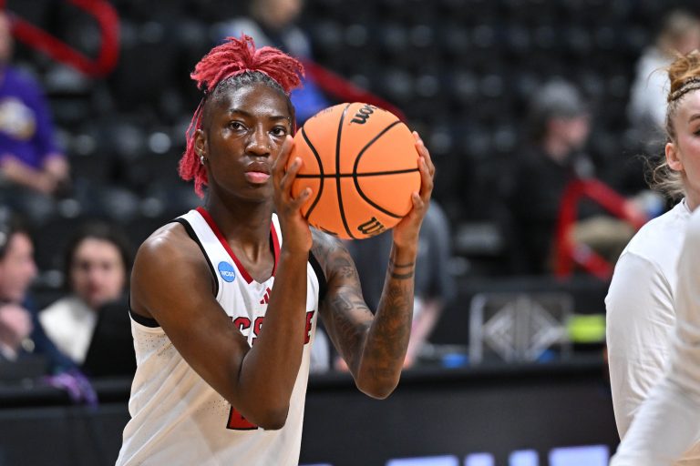 NC State Wolfpack guard Saniya Rivers (22) warms up during the Sweet 16 NCAA Tournament basketball game at Spokane Arena.
