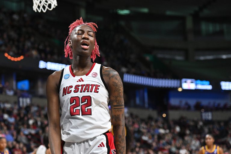 NC State Wolfpack guard Saniya Rivers (22) reacts after a play against the LSU Lady Tigersduring the second half of a Sweet 16 NCAA Tournament basketball game at Spokane Arena.
